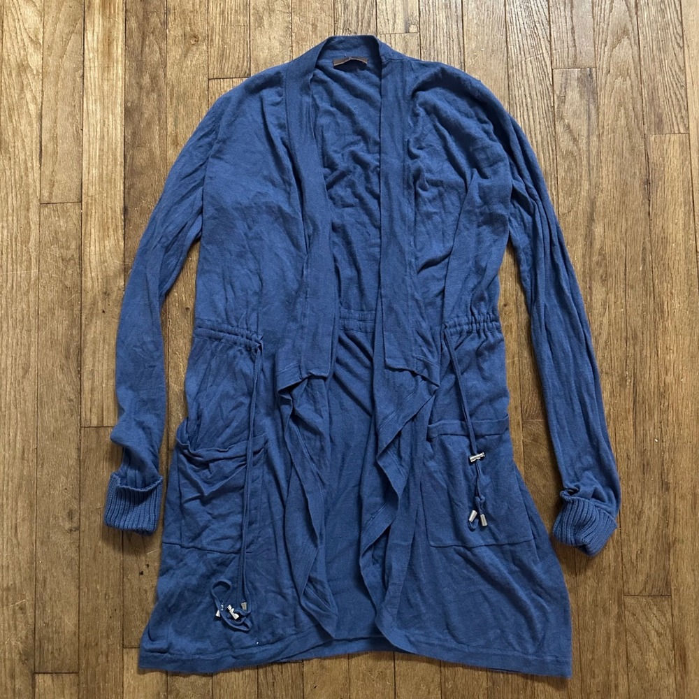 Cullen Blue Cotton Modal Blend Drawstring‎ Waist Open Front Cardigan Small